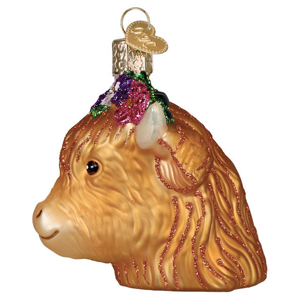 Floral Highland Cow Ornament - Handblown Glass