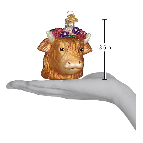 Floral Highland Cow Ornament - Handblown Glass