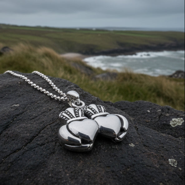 Croi Double Heart Irish Claddagh Necklace in Sterling Silver