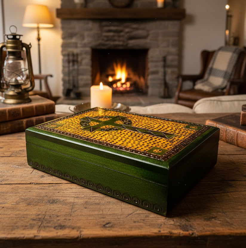 Green Celtic Cross Keepsake Box - Handmade Wooden Box