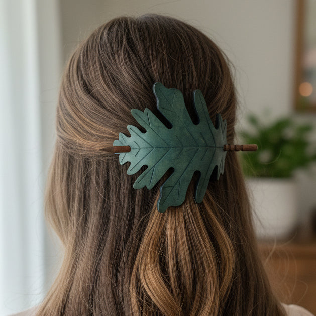 Large Oak Leaf Leather Hair Slide for Women