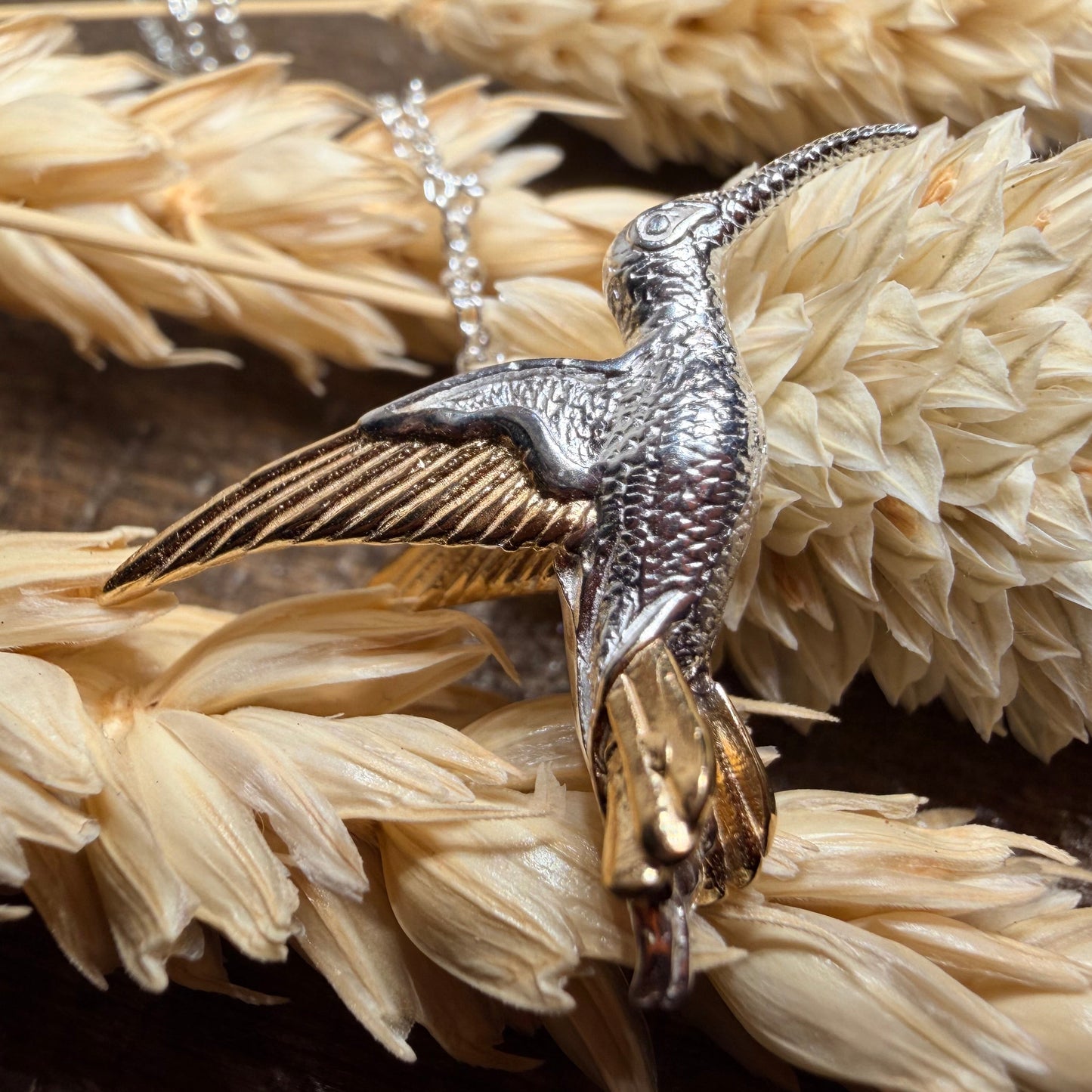 Golden Wing Hummingbird Necklace in Sterling Silver