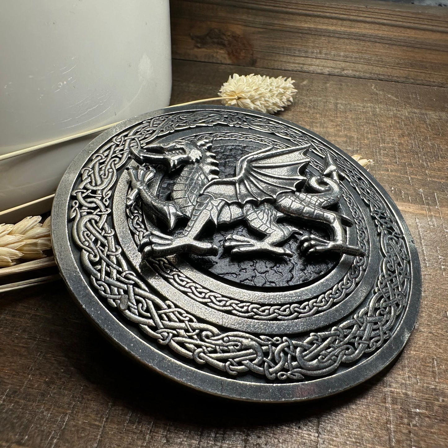 Round Celtic Welsh Dragon Kilt Belt Buckle - Handmade in Scotland