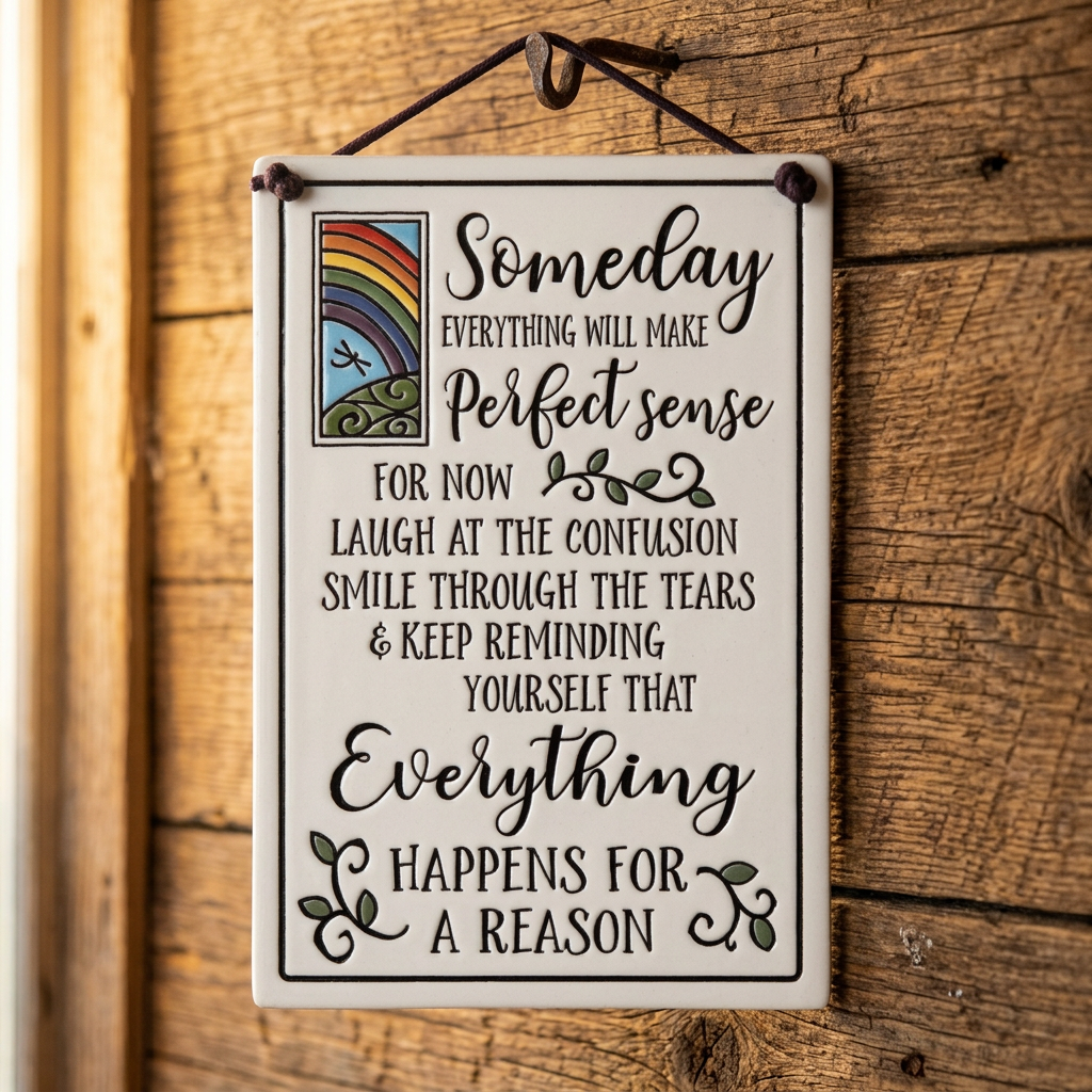 A rectangular white hanging wall sign with a black cord at the top, featuring a humorous quote in black script and serif text: 'Someday everything will make perfect sense for now laugh at the confusion smile through the tears & keep reminding yourself that everything happens for a reason.' A small rainbow illustration appears on the left side.