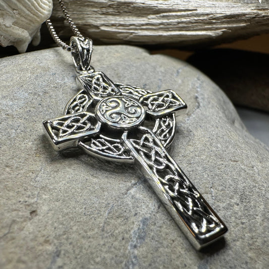 Aileran Triskele Celtic Cross Necklace in Sterling Silver
