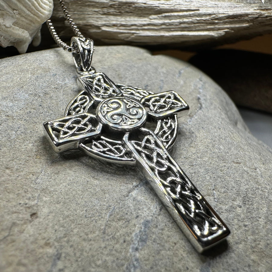 Aileran Triskele Celtic Cross Necklace in Sterling Silver