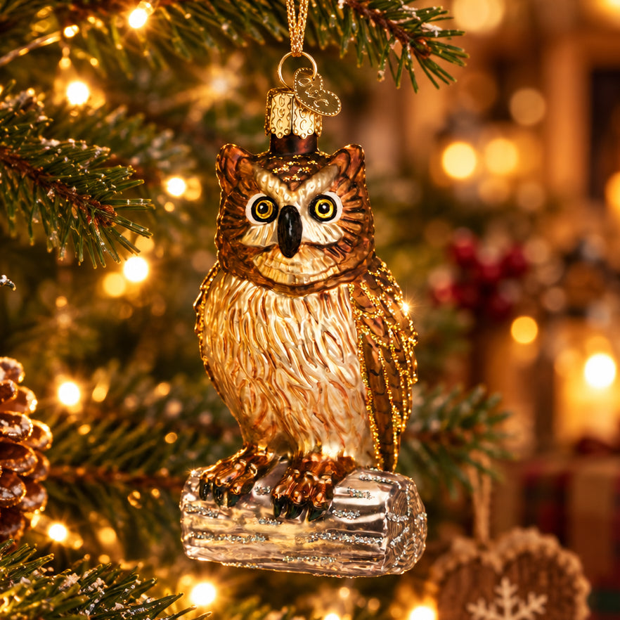 Wise Old Owl Ornament - Handblown Glass