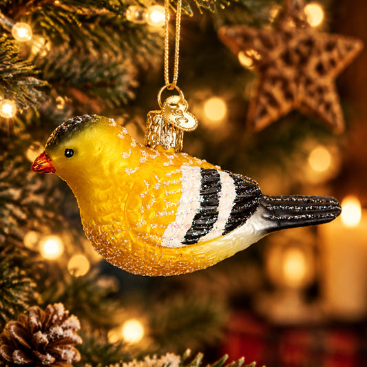 Hanging American Goldfinch Ornament - Handblown Glass
