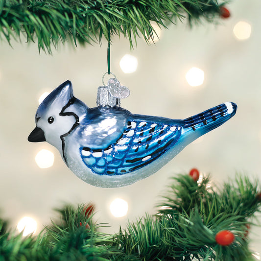 Bright Blue Jay Ornament - Handblown Glass