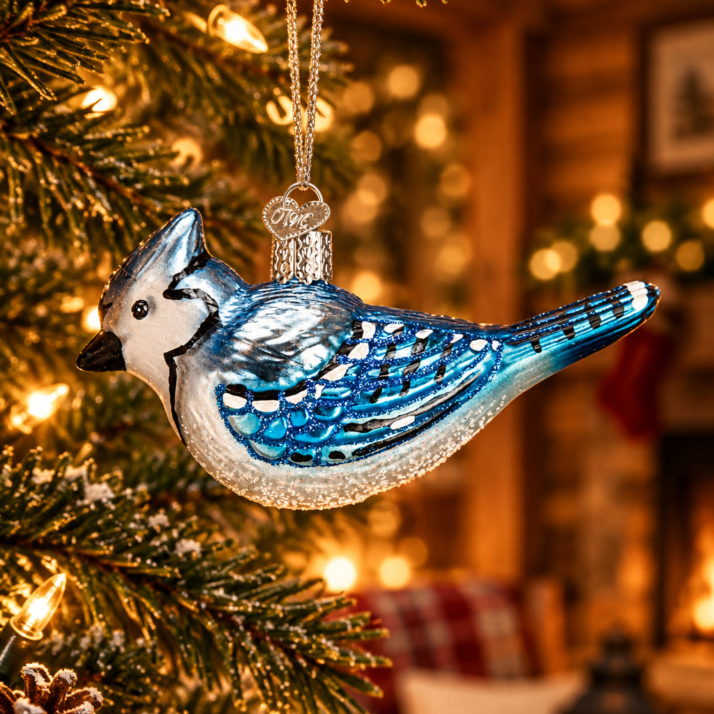 Bright Blue Jay Ornament - Handblown Glass