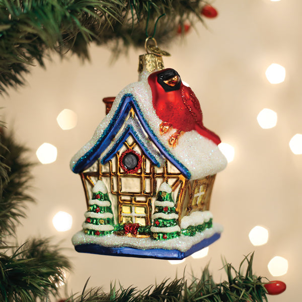 Cardinal Birdhouse Ornament - Handblown Glass