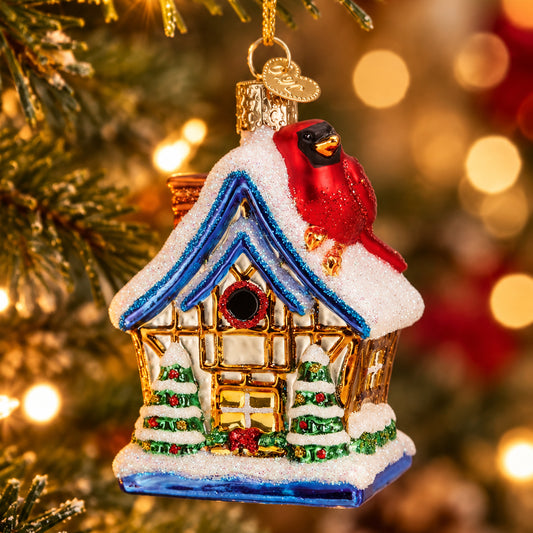 Cardinal Birdhouse Ornament - Handblown Glass