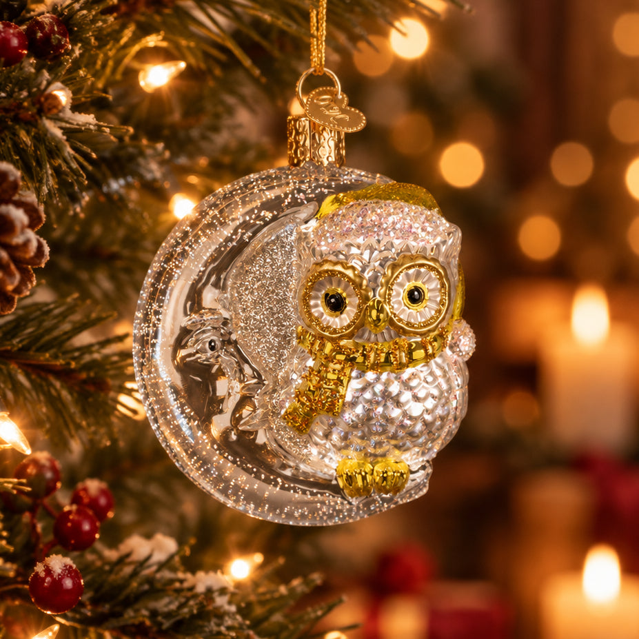 Sterling Snow Owl On Moon Ornament - Handblown Glass