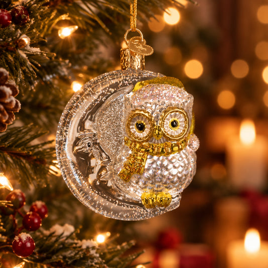 Sterling Snow Owl On Moon Ornament - Handblown Glass