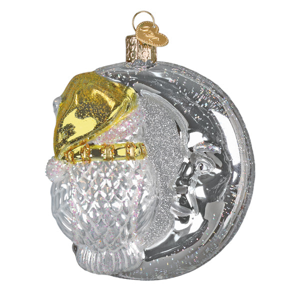 Sterling Snow Owl On Moon Ornament - Handblown Glass
