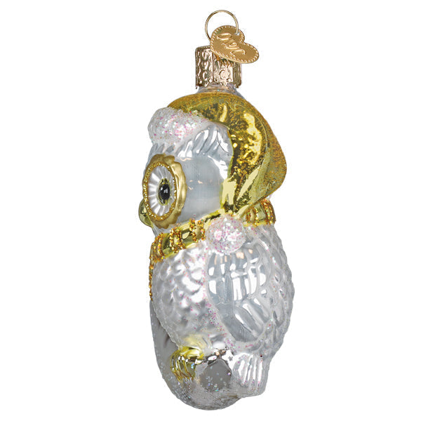 Sterling Snow Owl On Moon Ornament - Handblown Glass