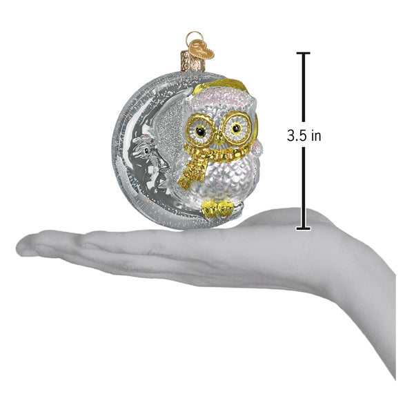 Sterling Snow Owl On Moon Ornament - Handblown Glass