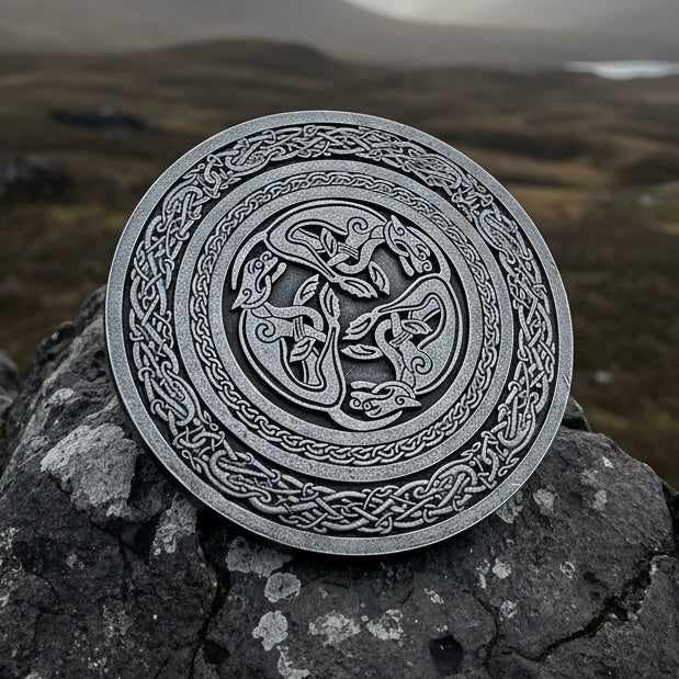 Round Celtic Hounds Kilt Belt Buckle - Handmade in Scotland