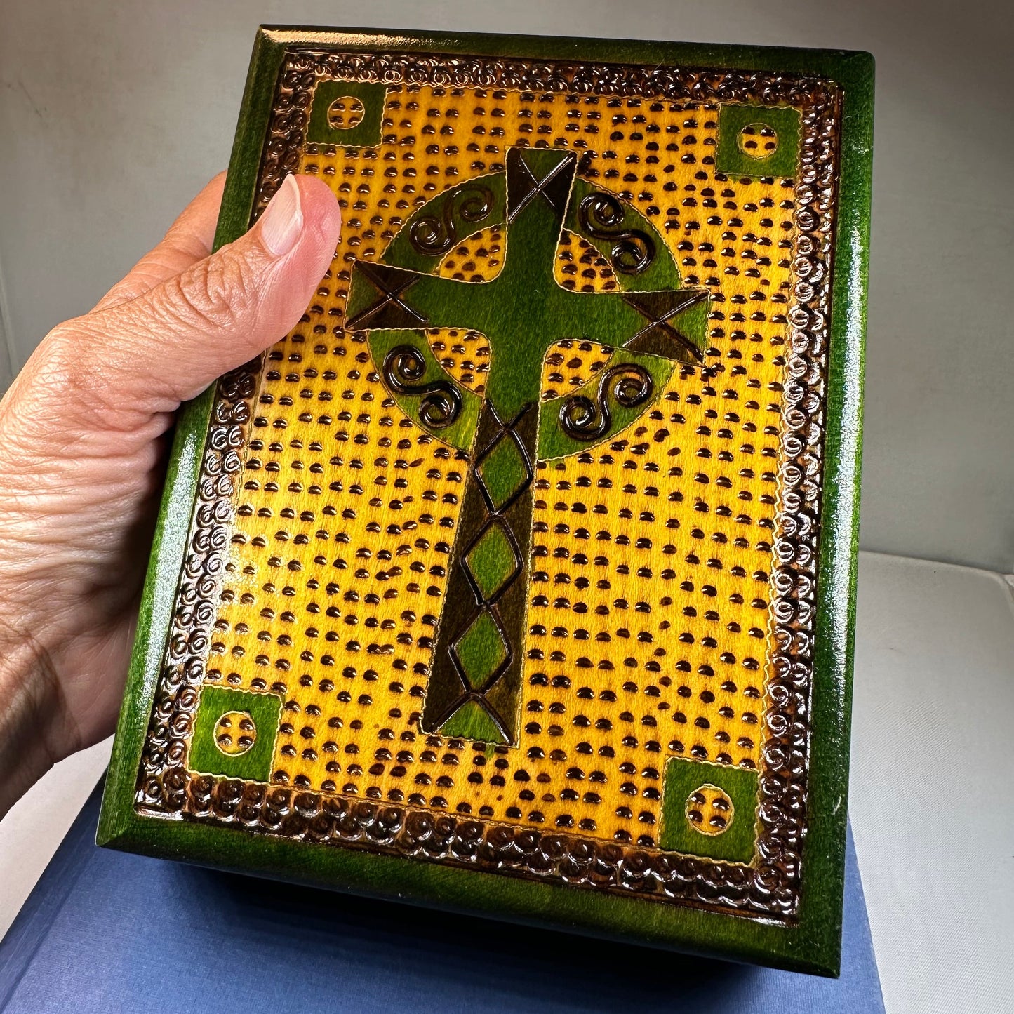 Green Celtic Cross Keepsake Box - Handmade Wooden Box