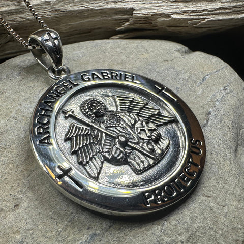 Load image into Gallery viewer, Large Archangel Gabriel Pendant in Sterling Silver
