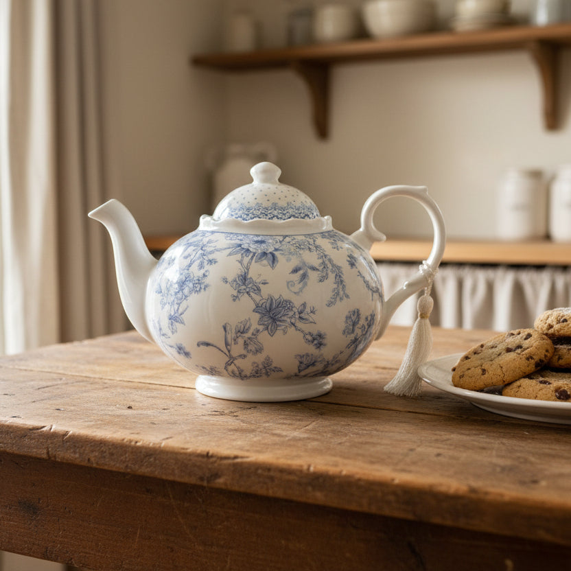 Vintage Style Blue Flowers Fine China Teapot