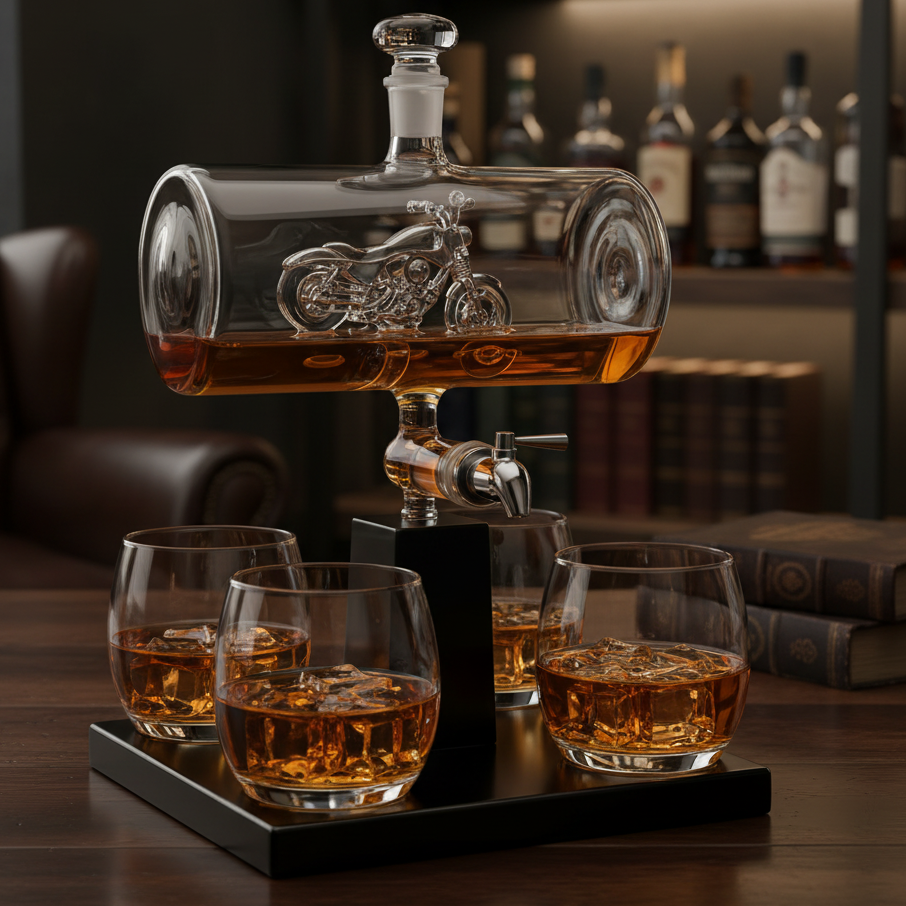 Motorcycle Decanter Whiskey Decanter Set with 4 Whiskey Glasses