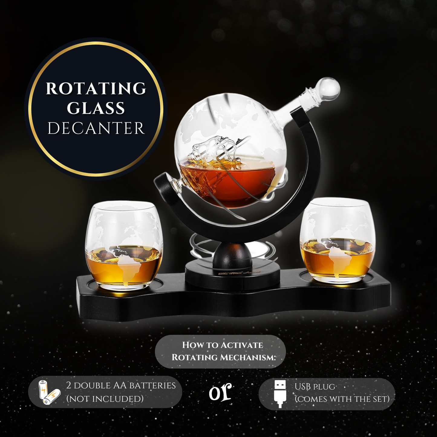 Rotating Whiskey Decanter Globe Set With 2 Whiskey Glasses