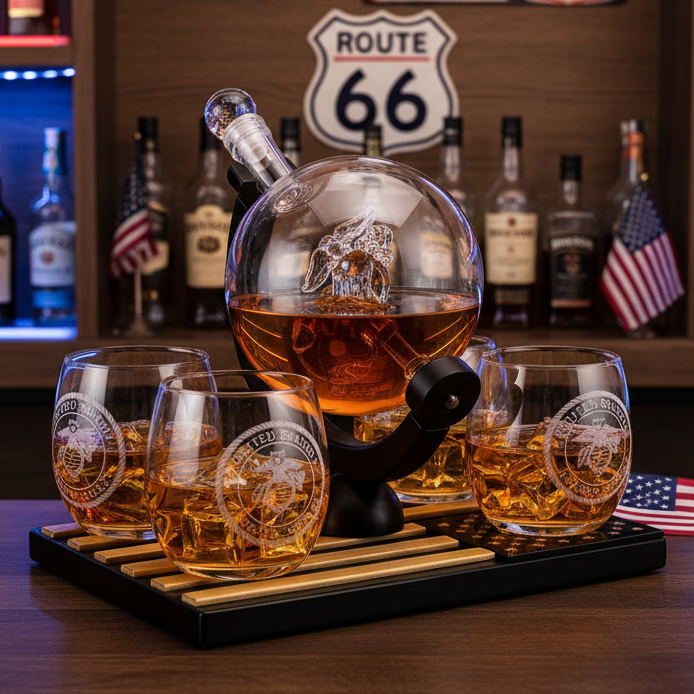 Marine Whiskey Decanter Set Premium Barware Gift with Four Glasses