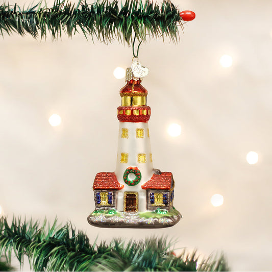 Christmas Lighthouse Ornament - Handblown Glass