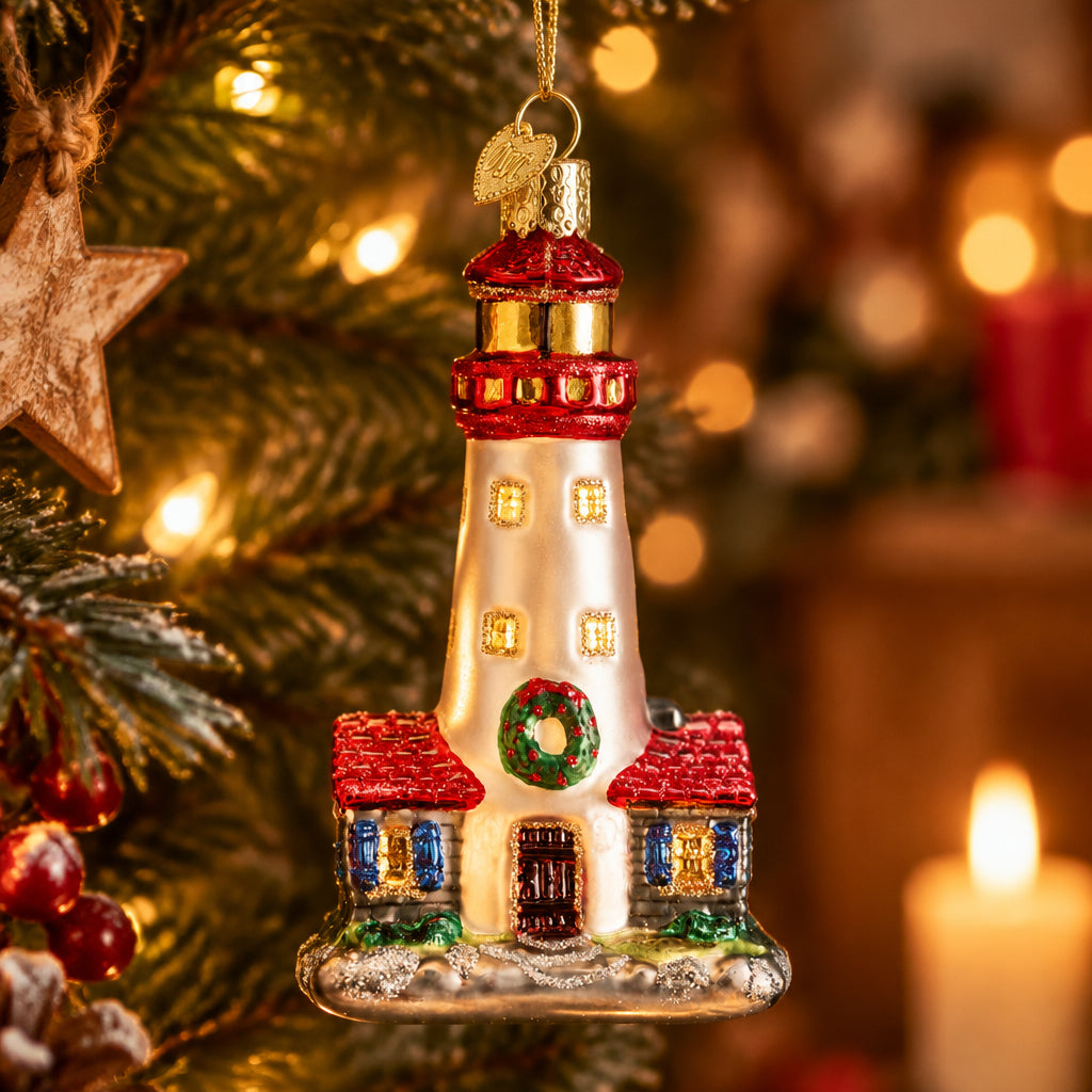 Christmas Lighthouse Ornament - Handblown Glass