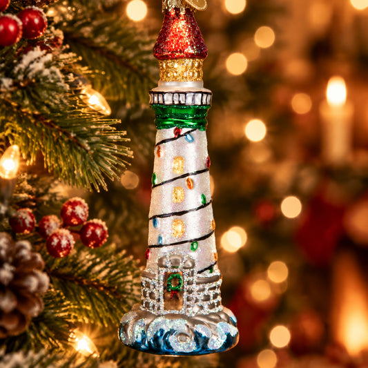 Holiday Lighthouse Ornament - Handblown Glass