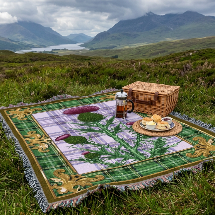 A square woven throw blanket with fringe edges, featuring a central thistle design over a purple and green plaid background, surrounded by a gold decorative border.