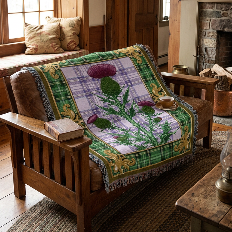 A square woven throw blanket with fringe edges, featuring a central thistle design over a purple and green plaid background, surrounded by a gold decorative border.