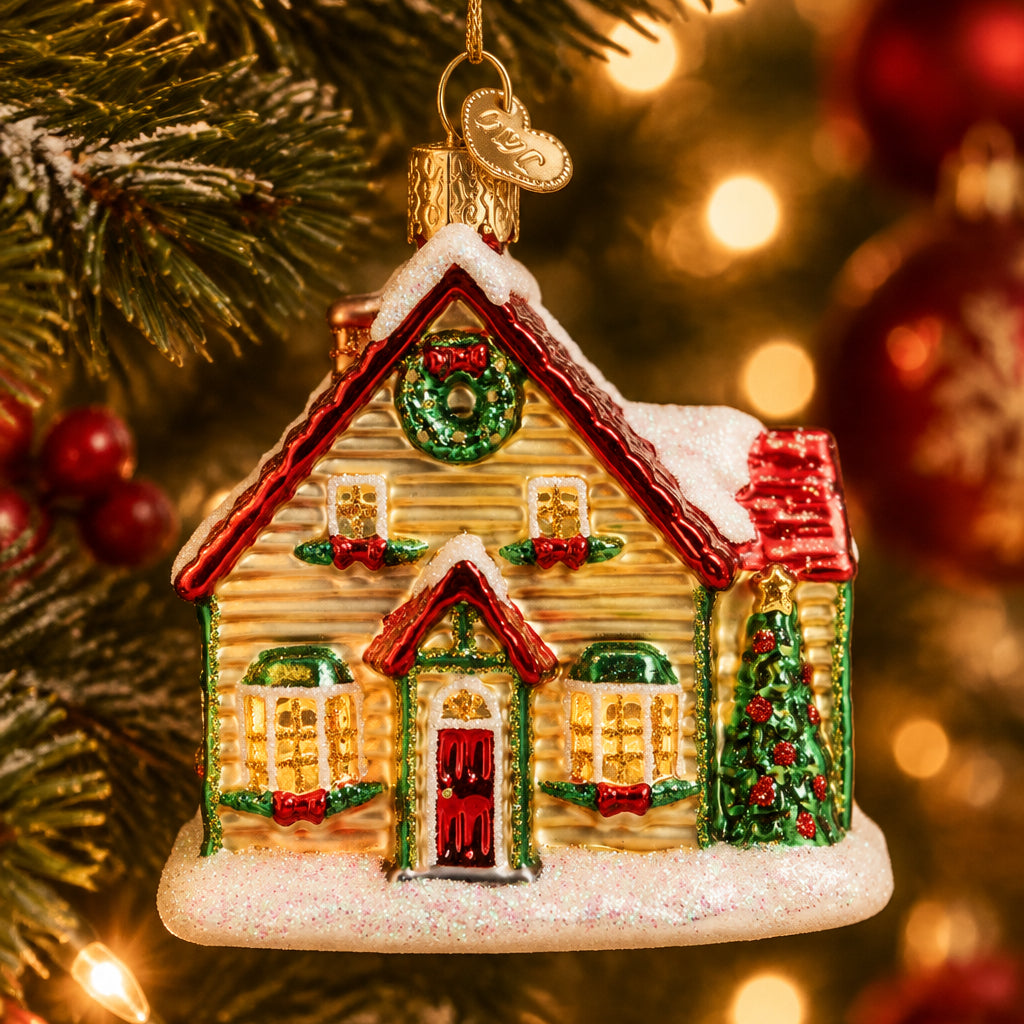 Christmas Cottage Ornament - Handblown Glass