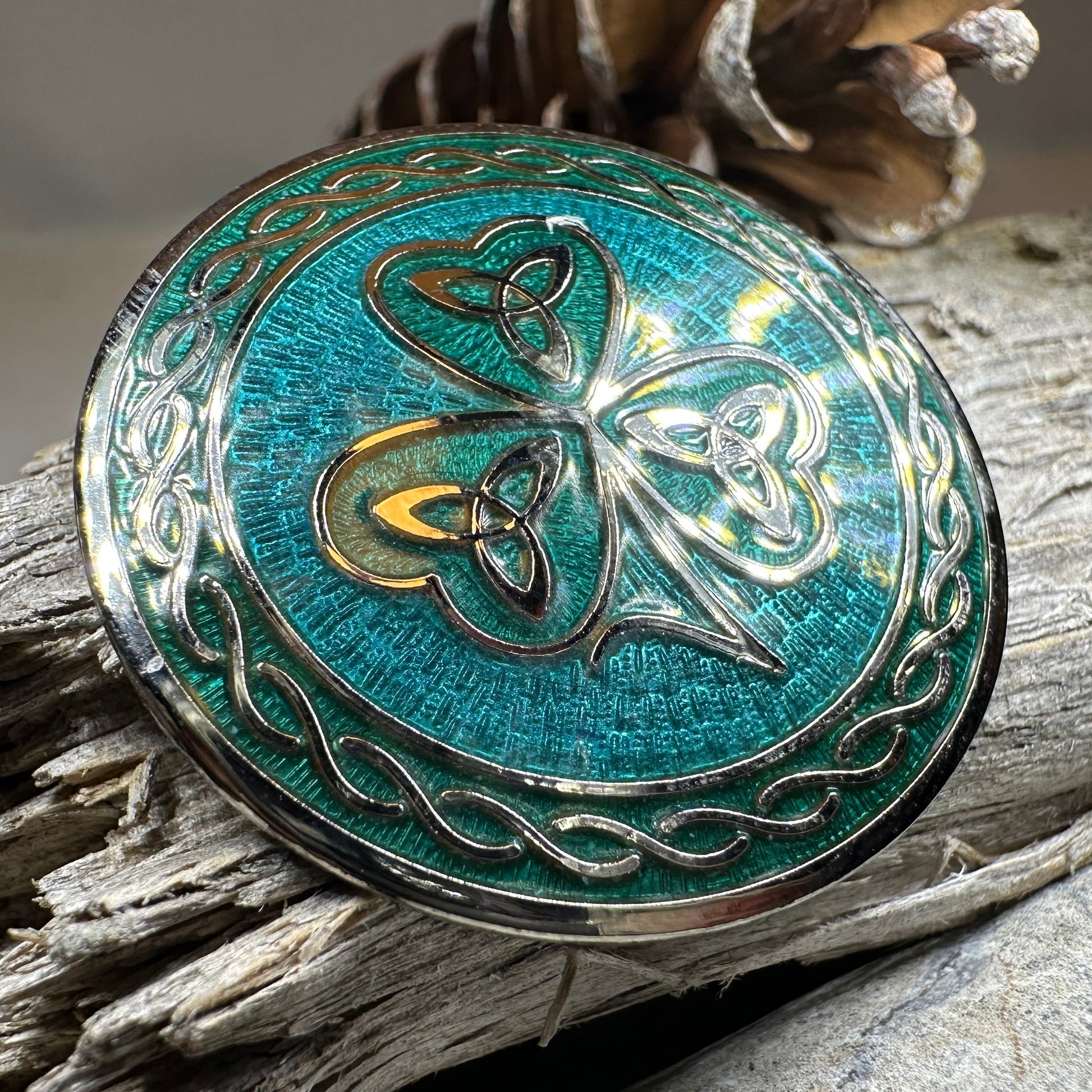 Enamel Celtic Shamrock Brooch with Trinity Knots — view 2