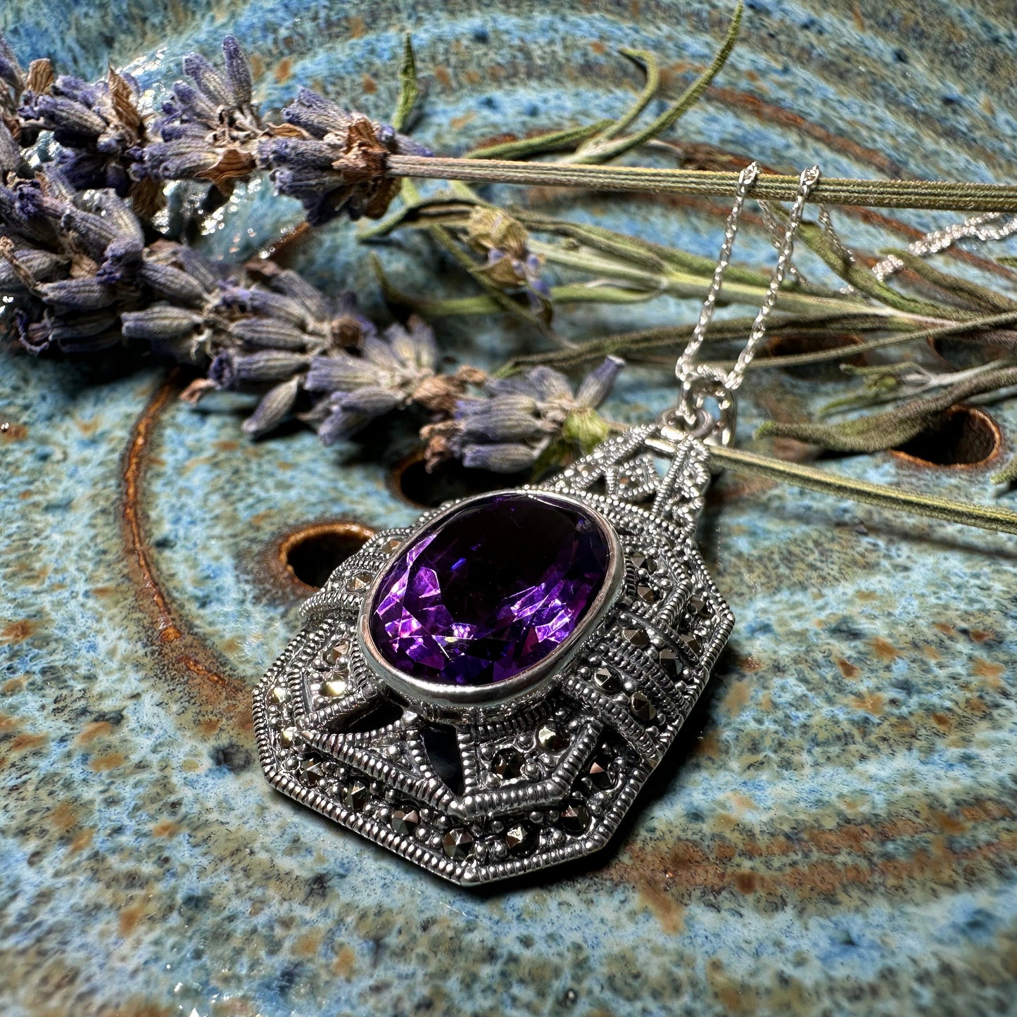 Victorian Marcasite Necklace with Amethyst