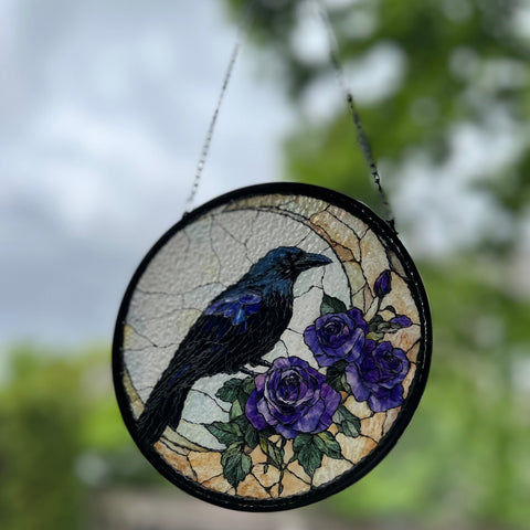 Load image into Gallery viewer, Purple Roses Moon Raven Suncatcher
