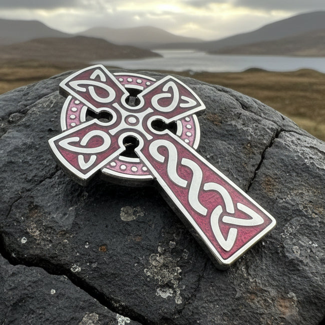 Enamel Celtic Cross Brooch in gold