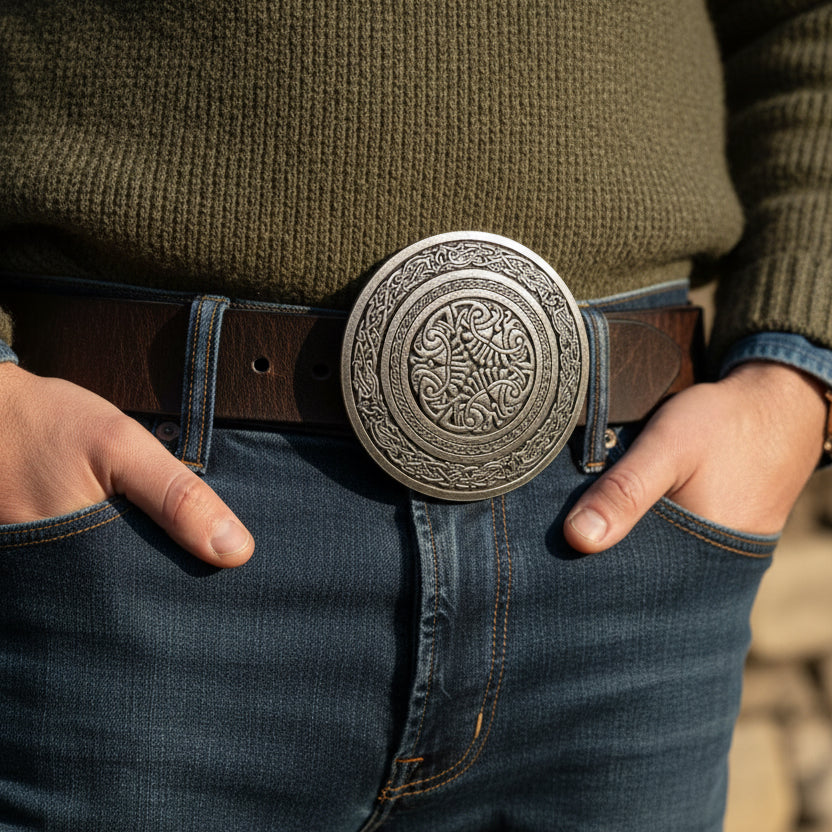 Round Celtic Birds Kilt Belt Buckle - Handmade in Scotland