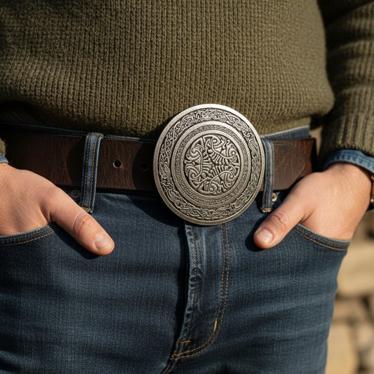 Round Celtic Birds Kilt Belt Buckle - Handmade in Scotland