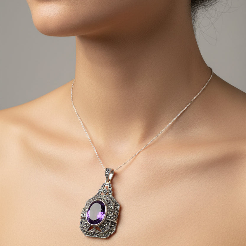 Victorian Marcasite Necklace with Amethyst