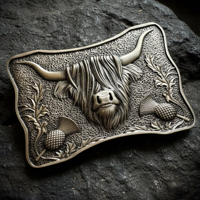 Thistle & Highland Cow Kilt Belt Buckle - Handmade in Scotland