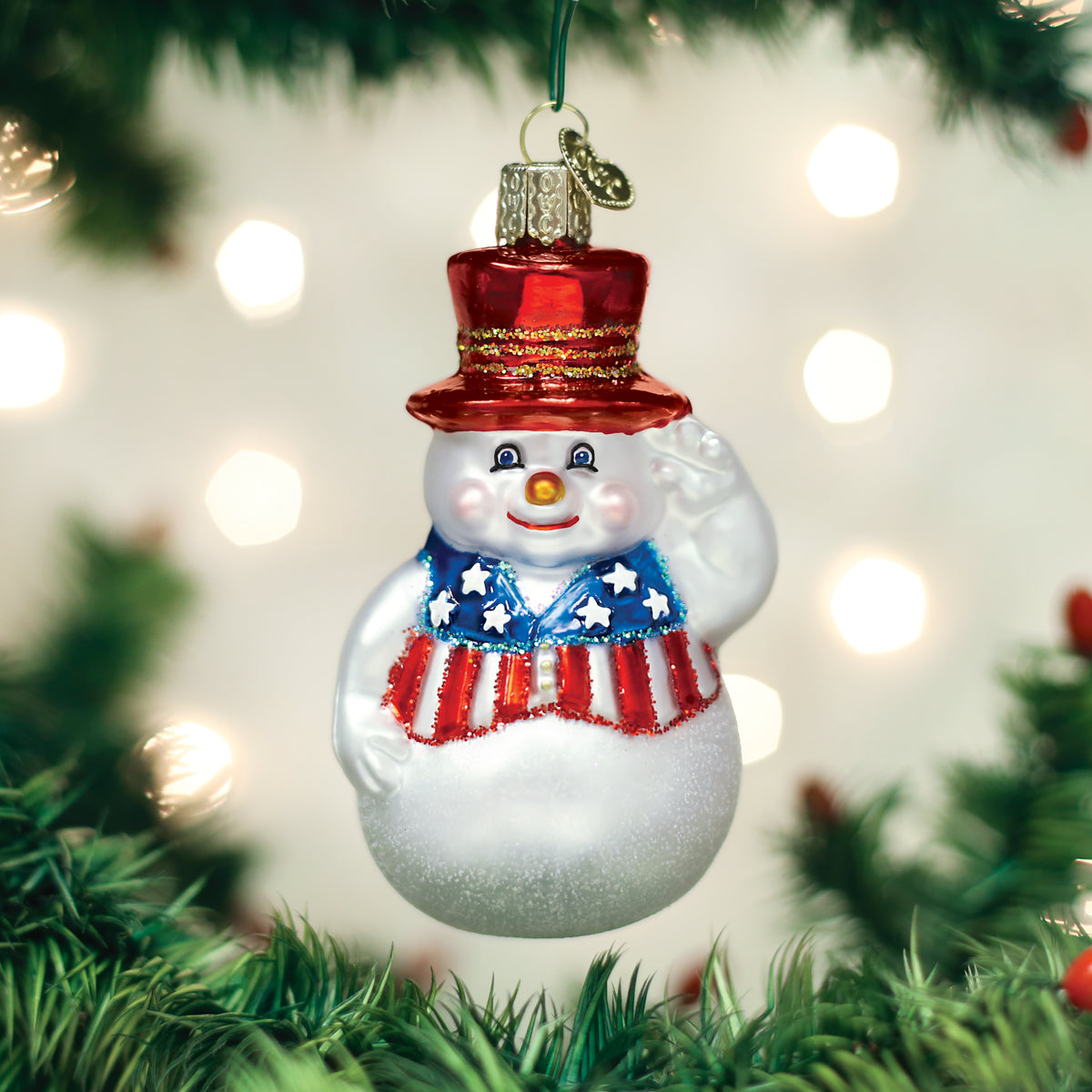 Patriotic Snowman Ornament - Handblown Glass