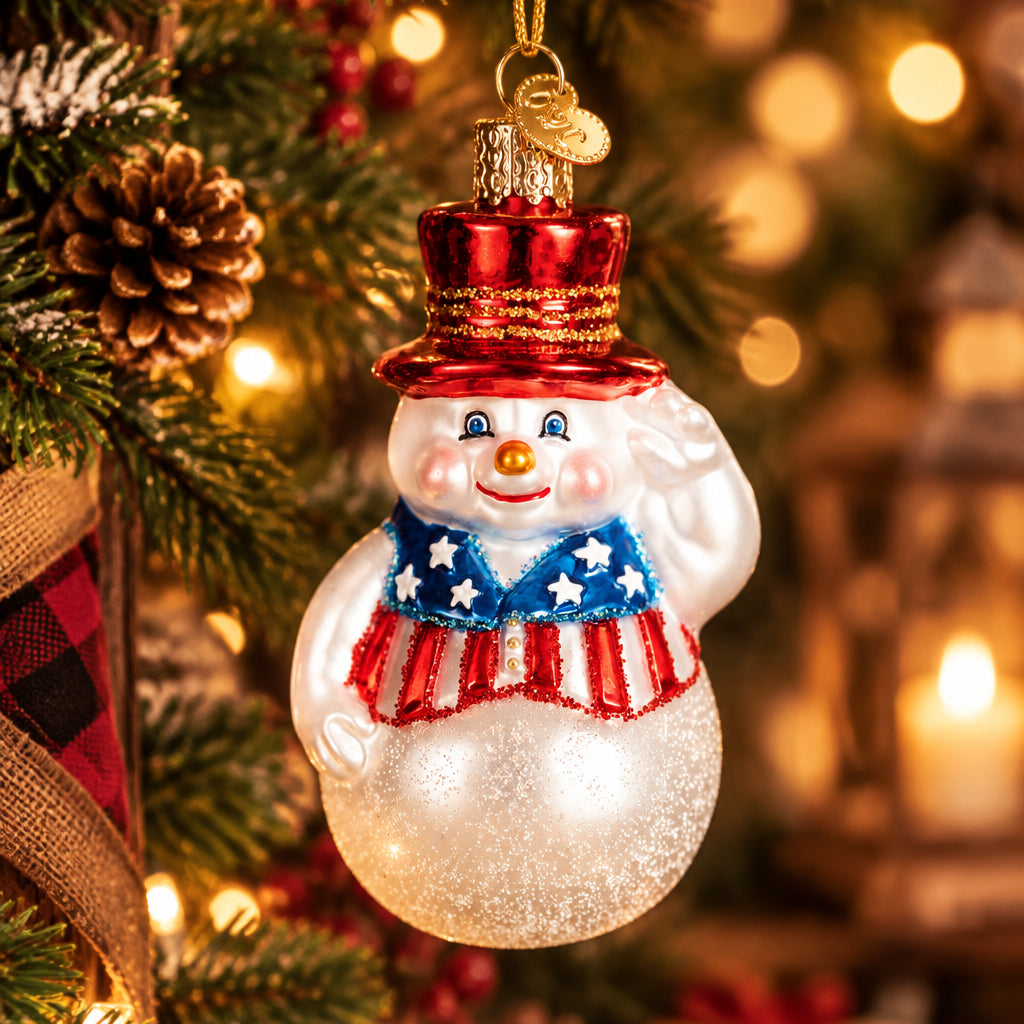 Patriotic Snowman Ornament - Handblown Glass