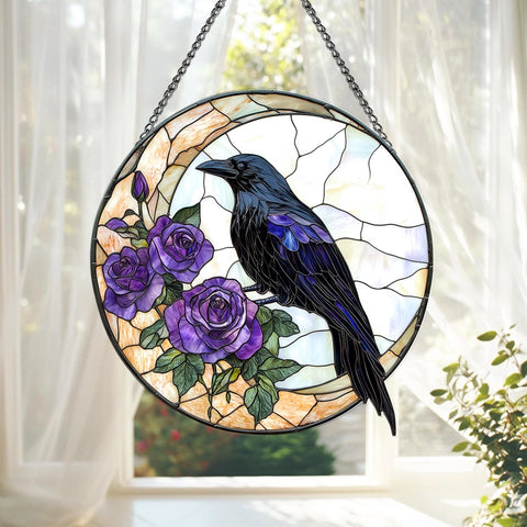 Load image into Gallery viewer, Purple Roses Moon Raven Suncatcher
