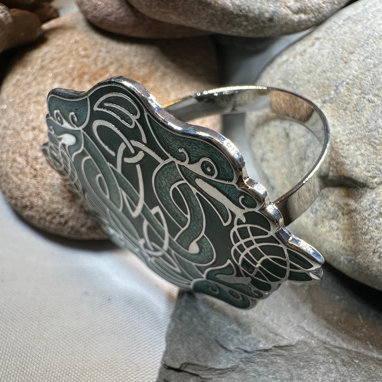 Enamel Celtic Green Dragons Scarf Ring