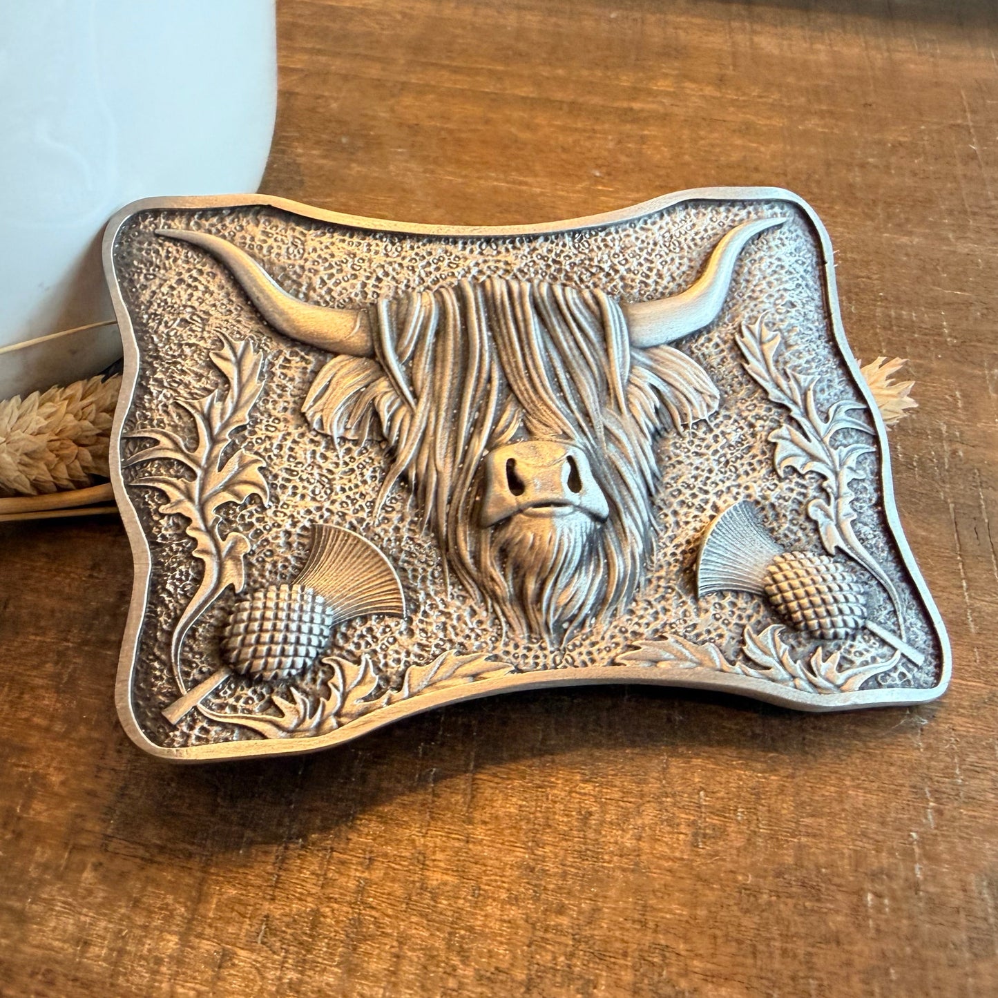 Thistle & Highland Cow Kilt Belt Buckle - Handmade in Scotland