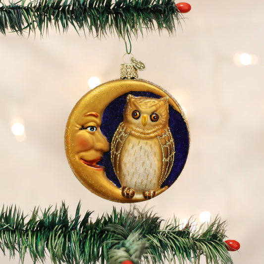 Owl In Moon Ornament - Handblown Glass