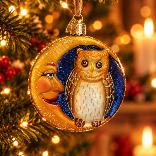 Owl In Moon Ornament - Handblown Glass
