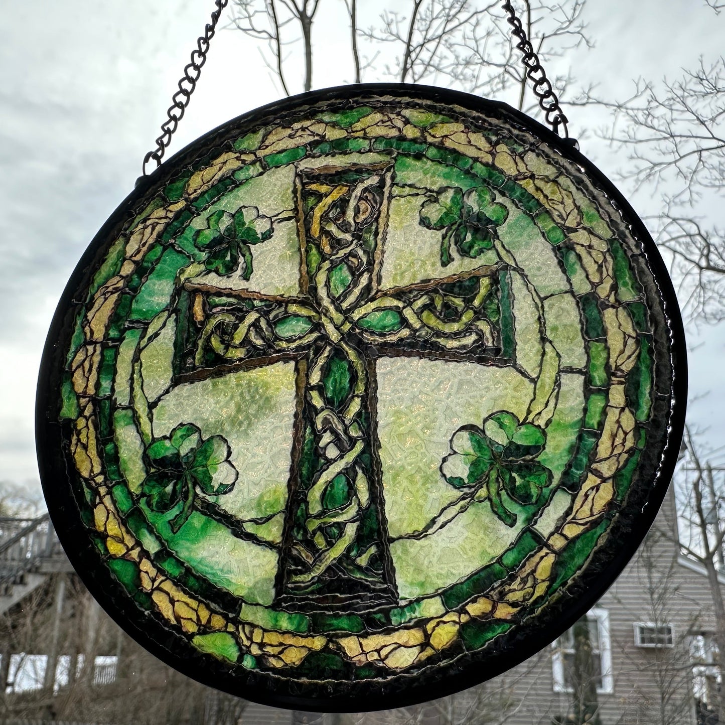 Irish Shamrock Celtic Cross Stained Glass Gift
